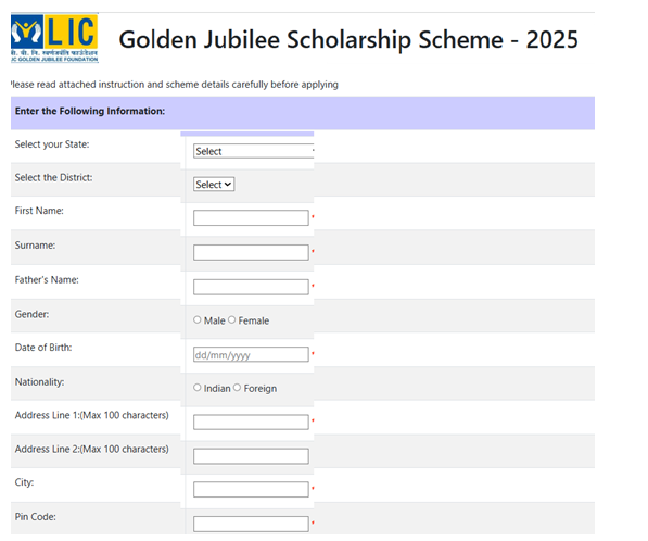 LIC Golden Jubilee Scholarship 2025 application form